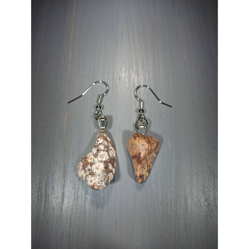 Leopardskin Jasper Stone Dangle Earrings Nickel Free Silver Tone Boho Natural